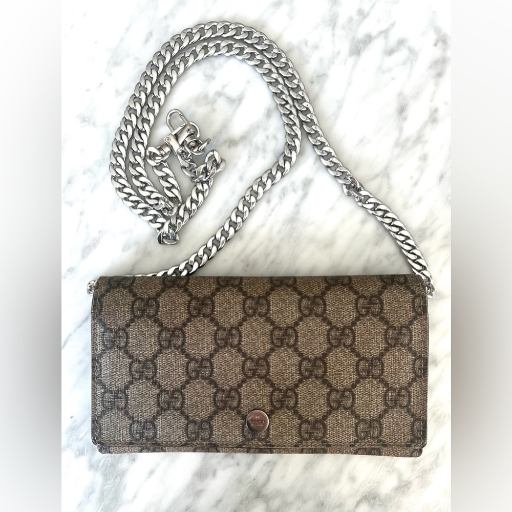 Gucci GG Monogram Long Wallet or Mini Bag with added chain.